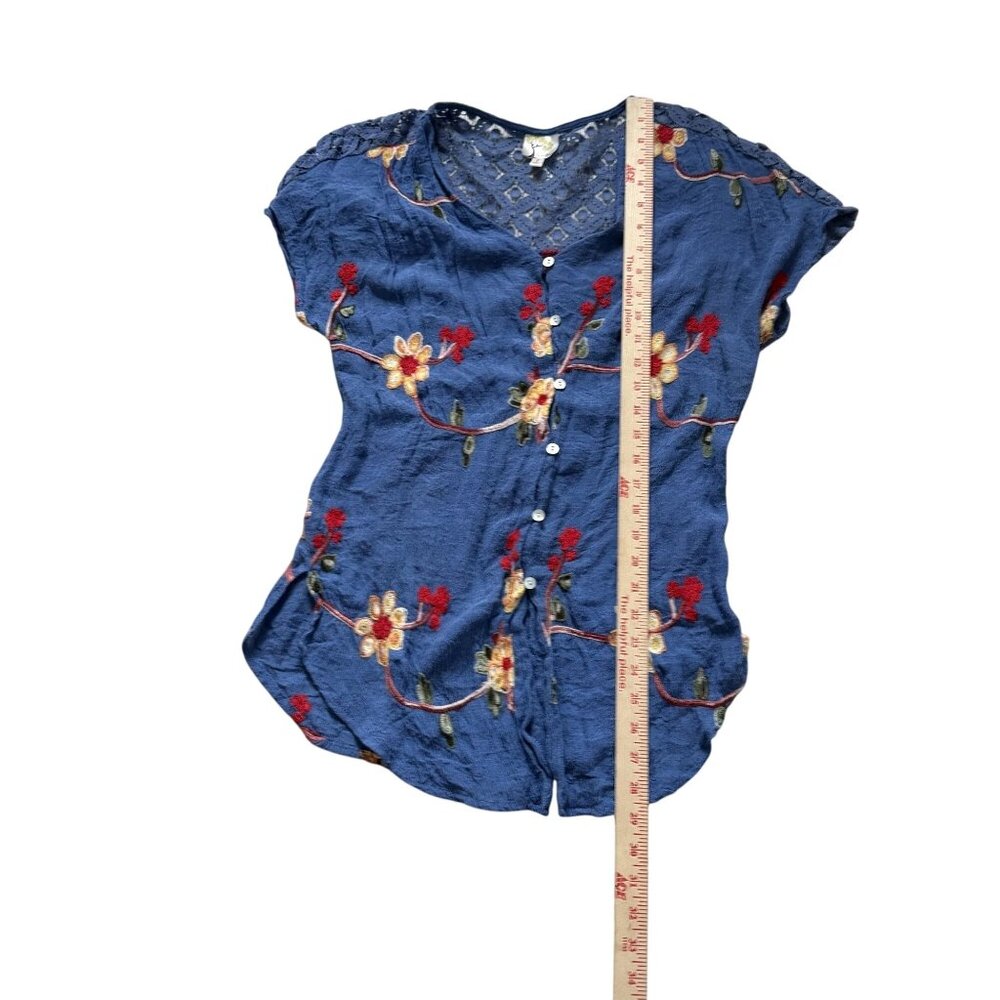 Anthropologie Fig & Flower Blue Embroidered Button-Up Short Sleeve Top L